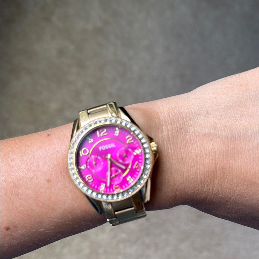 Fossil Gold Watch with Vibrant Pink Face